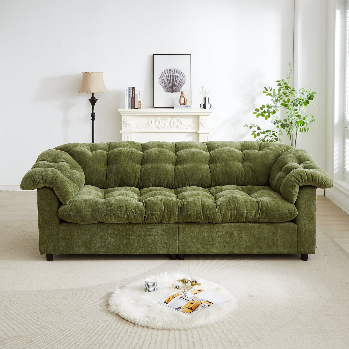 99.2' Chenille Modern Comfort Deep Seat Sofa, Upholstered Fluffy Cloud Sofa Suitable for living rooms, bedrooms, offices and apartments, Green