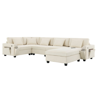 Chenille U Shaped Sectional Sofa with Ottoman, Storage, Cup Holders, and USB Ports, Off White, 128*67'