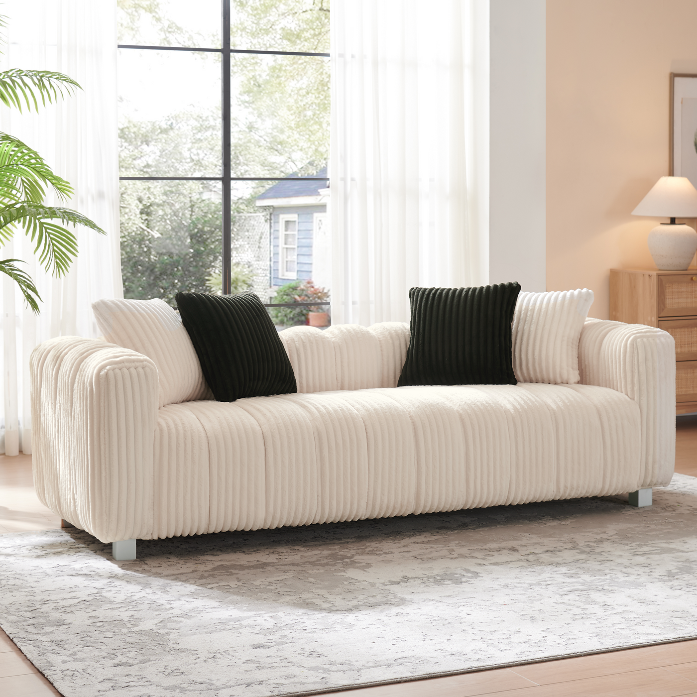 82.68-inch premium corduroy two-seater sofa with metal legs and cushions, suitable for living rooms and bedrooms.