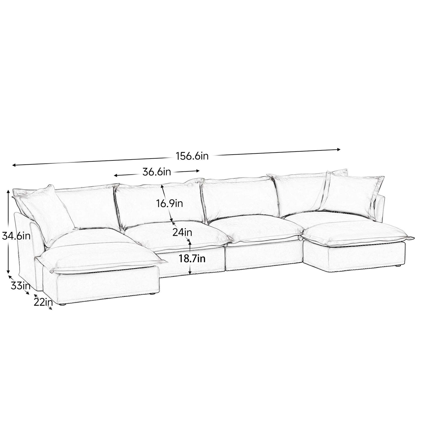 Slipcovered U Shape Sectional Wide and Deep Seat Sofa Couch, 4 Seater Sofa with French Edges Design Multiple Big Pillows, Soft Deep Seat Comfy Cloud Couch for Living Room, Apartment, Chenille Fabric
