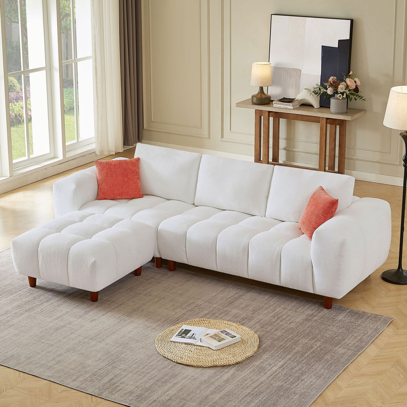 111.81 Inch Convertible Sectional Sofa Couch, L Shaped Sofa with Fabric Couch,Modern Design Cream Style Marshmallow Sofa for Living Room and Office,White
