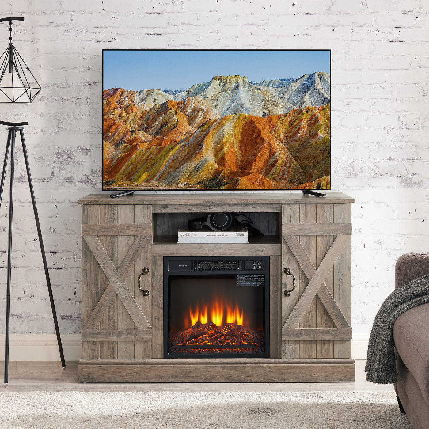 American retro Farmhouse Classic Media TV Stand Antique Entertainment Console with 18' Electric Fireplace Insert for TV up to 50' with Open and Closed Storage Space, Gray Wash 47'W*15.5'D*30.75'H