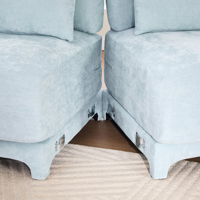Stylish Four-Seater Sofa with Movable Ottoman in Sky Blue Chenille Fabric with Ergonomic Design