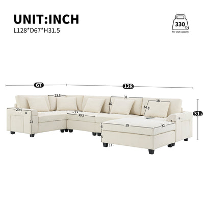 Chenille U Shaped Sectional Sofa with Ottoman, Storage, Cup Holders, and USB Ports, Off White, 128*67'