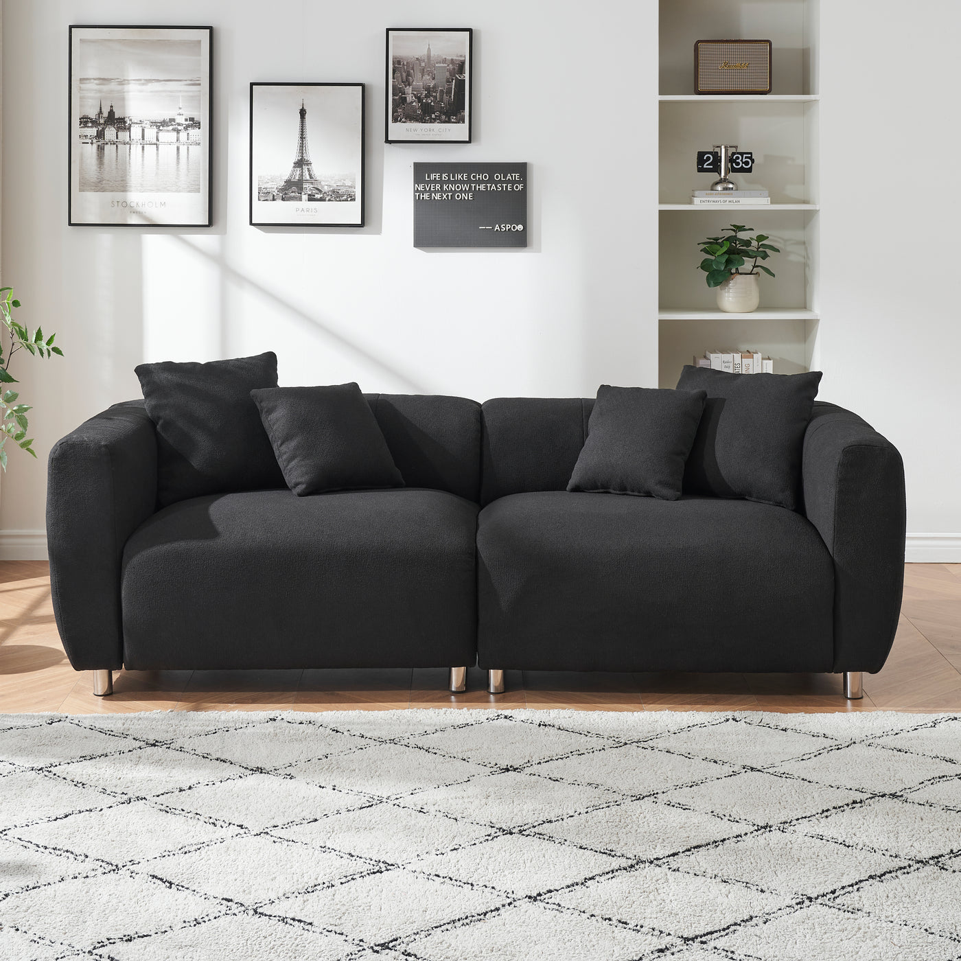 89 inch Sofa for Living Room, Fashion Sofa with Metal Legs, 3 Seater Sofa, Solid Wood Frame Couch with 4Pillows, for Apartment Office Living Room - Black