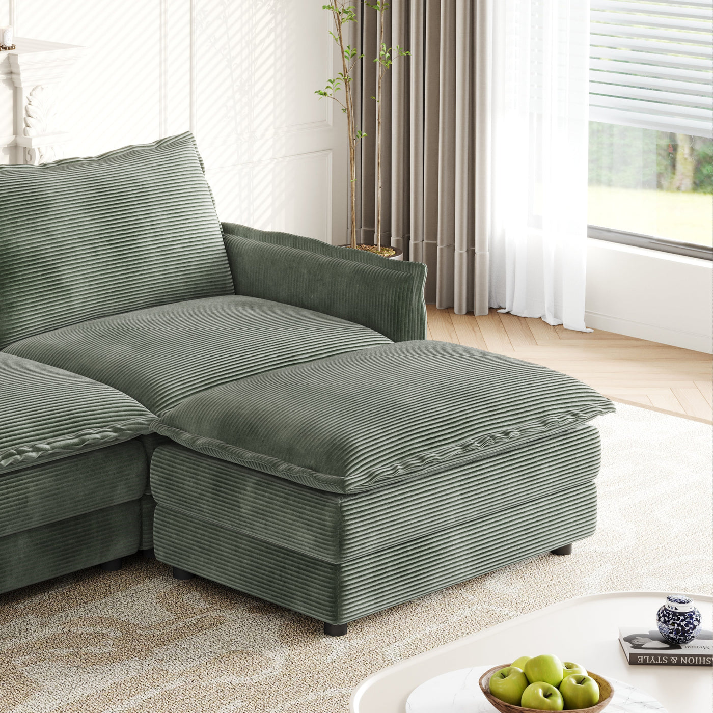 Corduroy Fabric Loveseat Sofa Couch with 1 Footrest for Living Room,2 Seater L-Shaped Sectional with Ottoman, Upholstered Large Size Deep Seat 2-Seat Sofa with 2 cushions