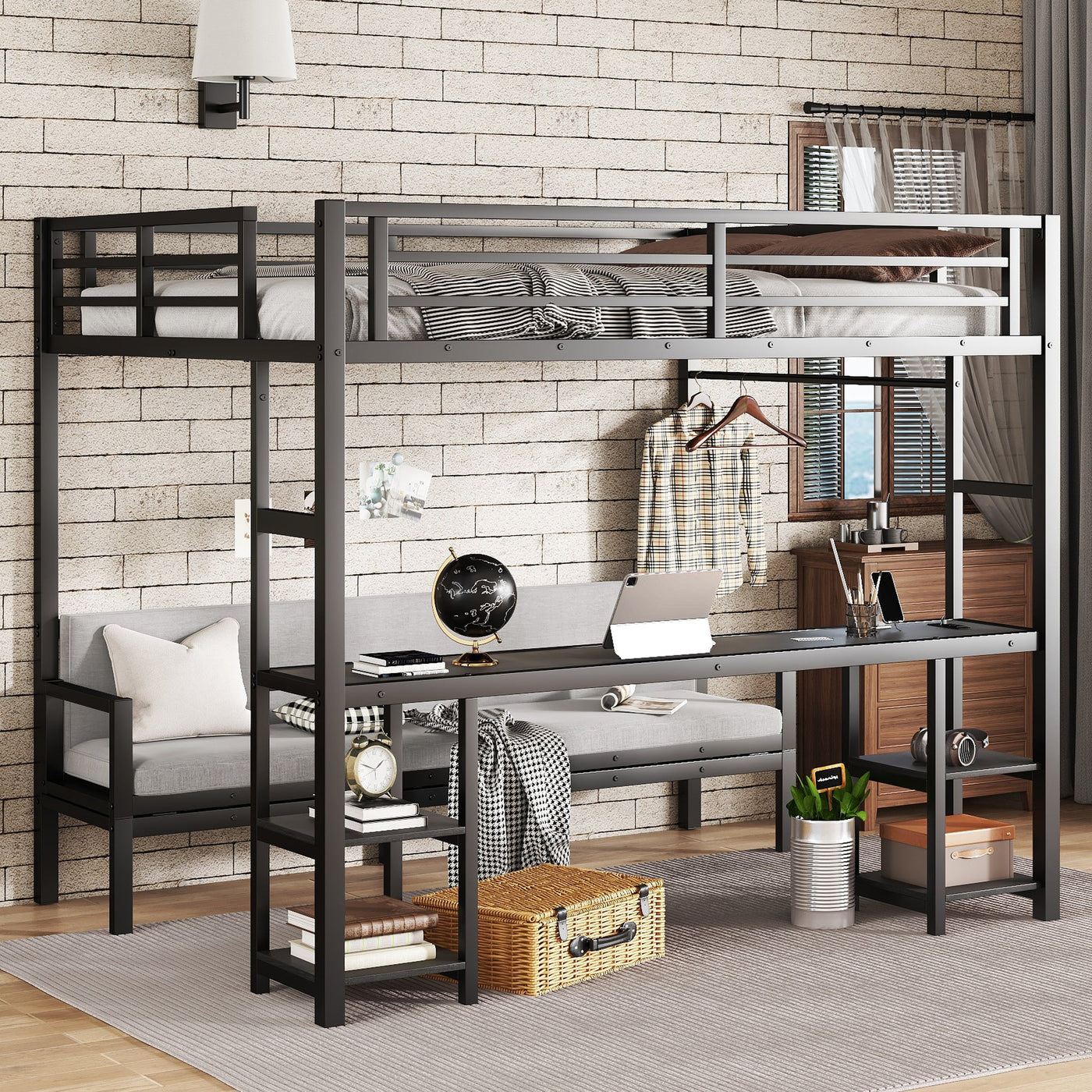 Queen Over Twin XL Metal Bunk Bed/Loft Bed with Desk and Shelves, Multiple Uses Folds into Sofa with LED and USB, Black