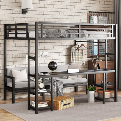 Queen Over Twin XL Metal Bunk Bed/Loft Bed with Desk and Shelves, Multiple Uses Folds into Sofa with LED and USB, Black