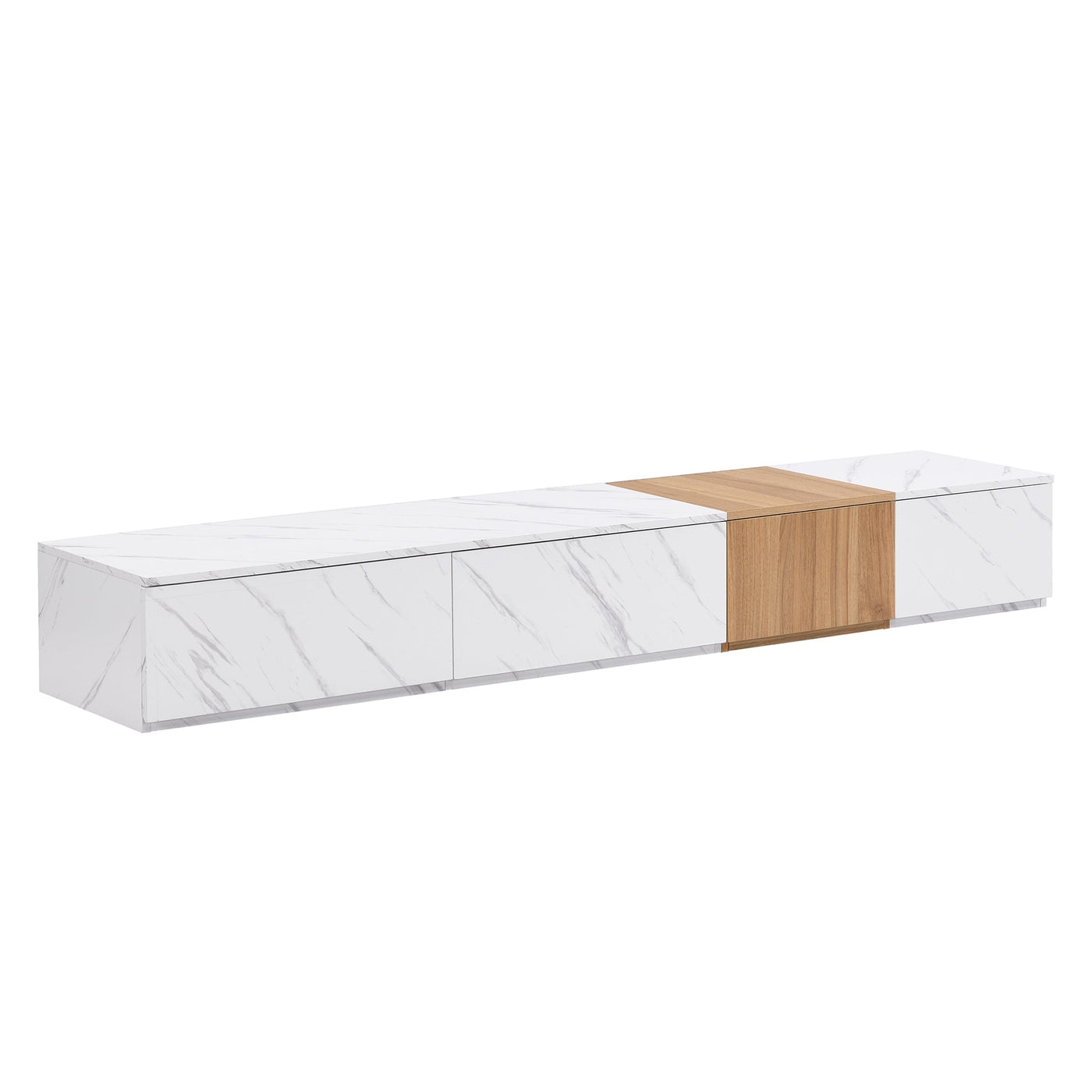 ON-TREND TV Stand with Faux Marble and Walnut Wood Grain Finish for TVs up to 88'', Modern Free-Combination Entertainment Center with 4 Storage Drawers for Living Room, White