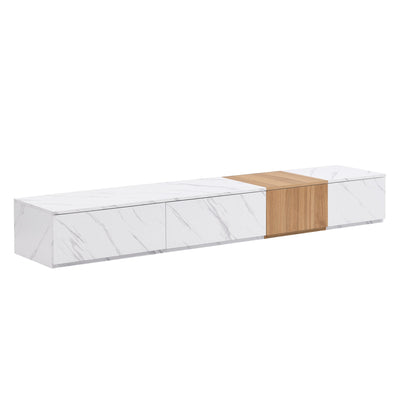 ON-TREND TV Stand with Faux Marble and Walnut Wood Grain Finish for TVs up to 88'', Modern Free-Combination Entertainment Center with 4 Storage Drawers for Living Room, White