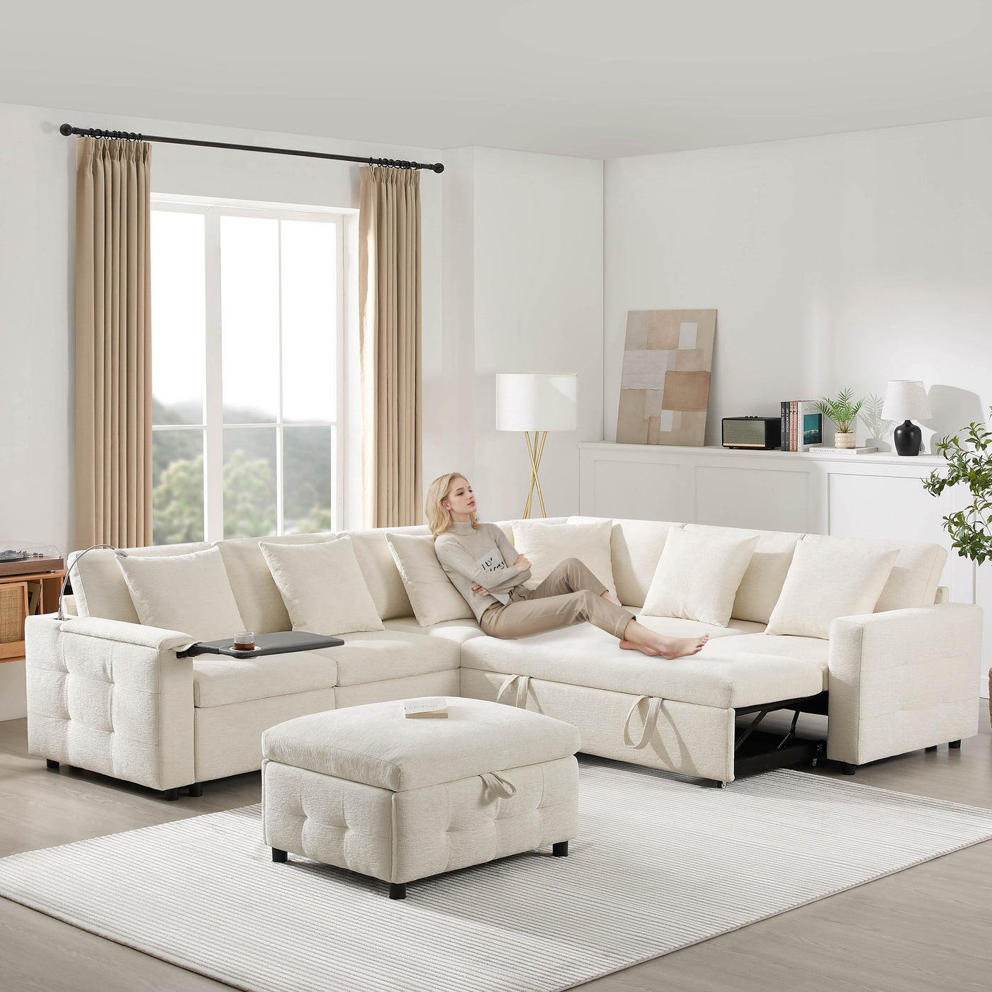 117*90'' Modular Sectional Pull-out Sofa Bed with Flip-up Table Panel, Reading Lamp, Charging Ports, Storage Ottoman, Tufted Design, 6 Pillows, Oversize & Free Combination, Chenille, 2 colors