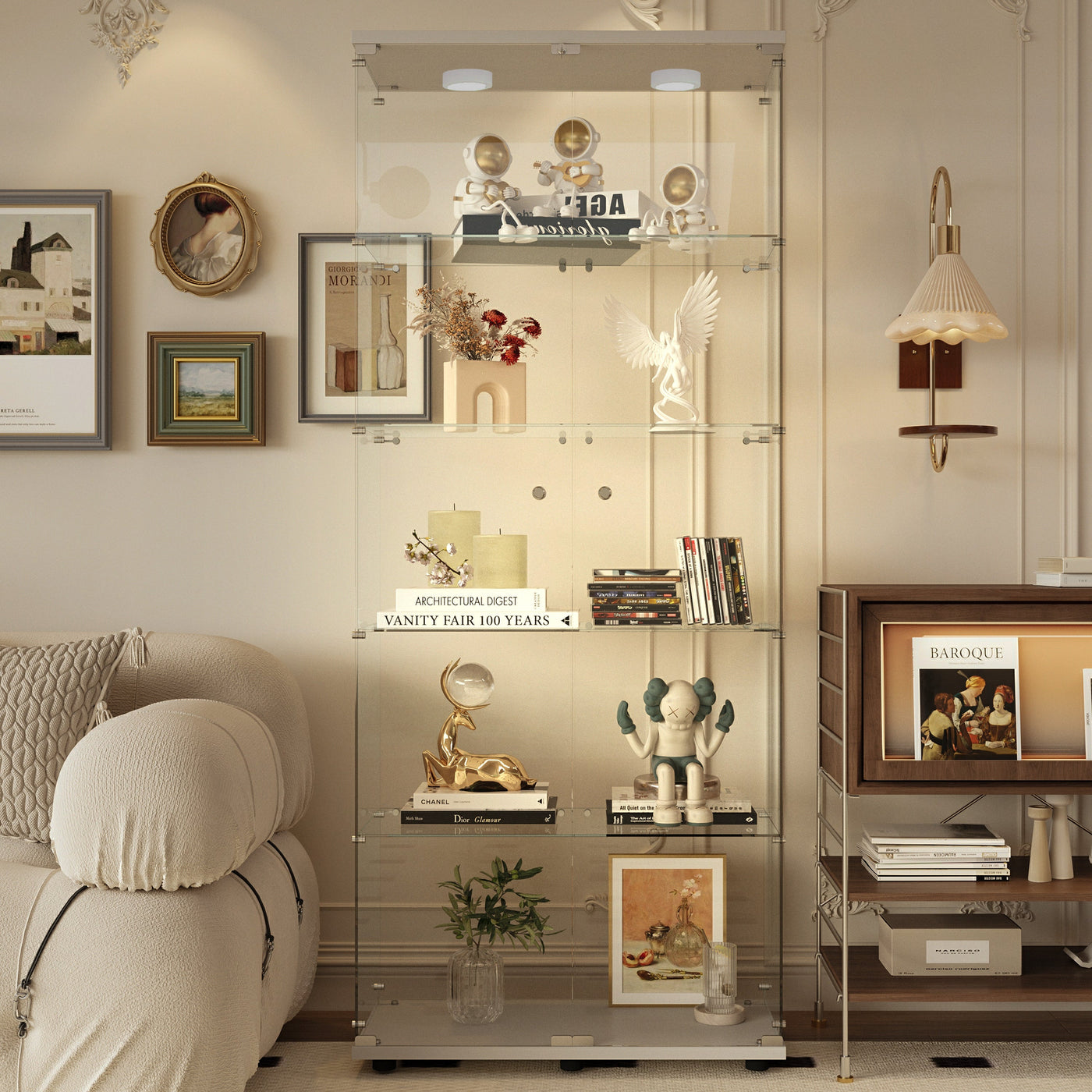 Tempered glass display cabinet,liquorcabinet,storagecabinet,filecabinet,with paipai lights,with locks,bottom equipped with adjustable feet,suitable for uneven,living room bedroom,corridor,office,white