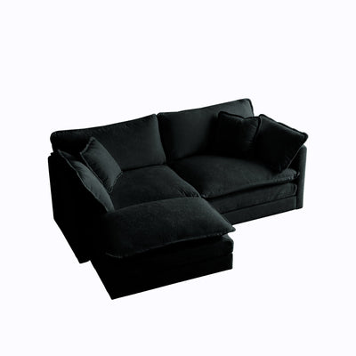 Chenille Two-Seater Sofa with 1 Footrest, 2 Seater L-Shaped Sectional with Ottoman,Loveseat with Ottoman for Small Living Space, Black Chenille