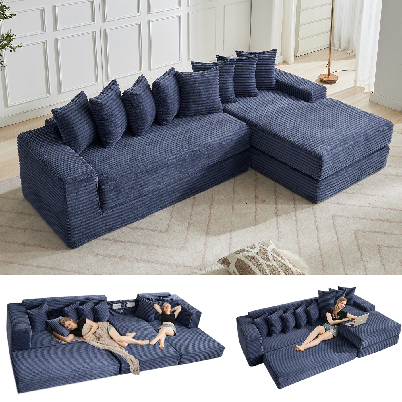 [NEW ARRIVED] [VIDEO PROVIDED] Oversize Cloud Sectional Couch, L-Shape Sofa, Convertible Floor Sleeper Sofa Bed, No Assembly ,Eight pillows,3-in-1,Magazine bag,(Right Facing Sofa),3 Seat,Corduroy,Blue