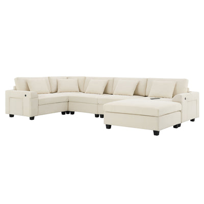 Chenille U Shaped Sectional Sofa with Ottoman, Storage, Cup Holders, and USB Ports, Off White, 128*67'