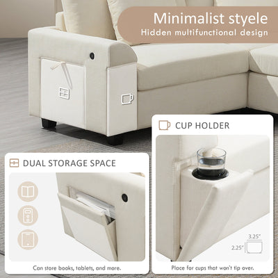 Chenille U Shaped Sectional Sofa with Ottoman, Storage, Cup Holders, and USB Ports, Off White, 128*67'