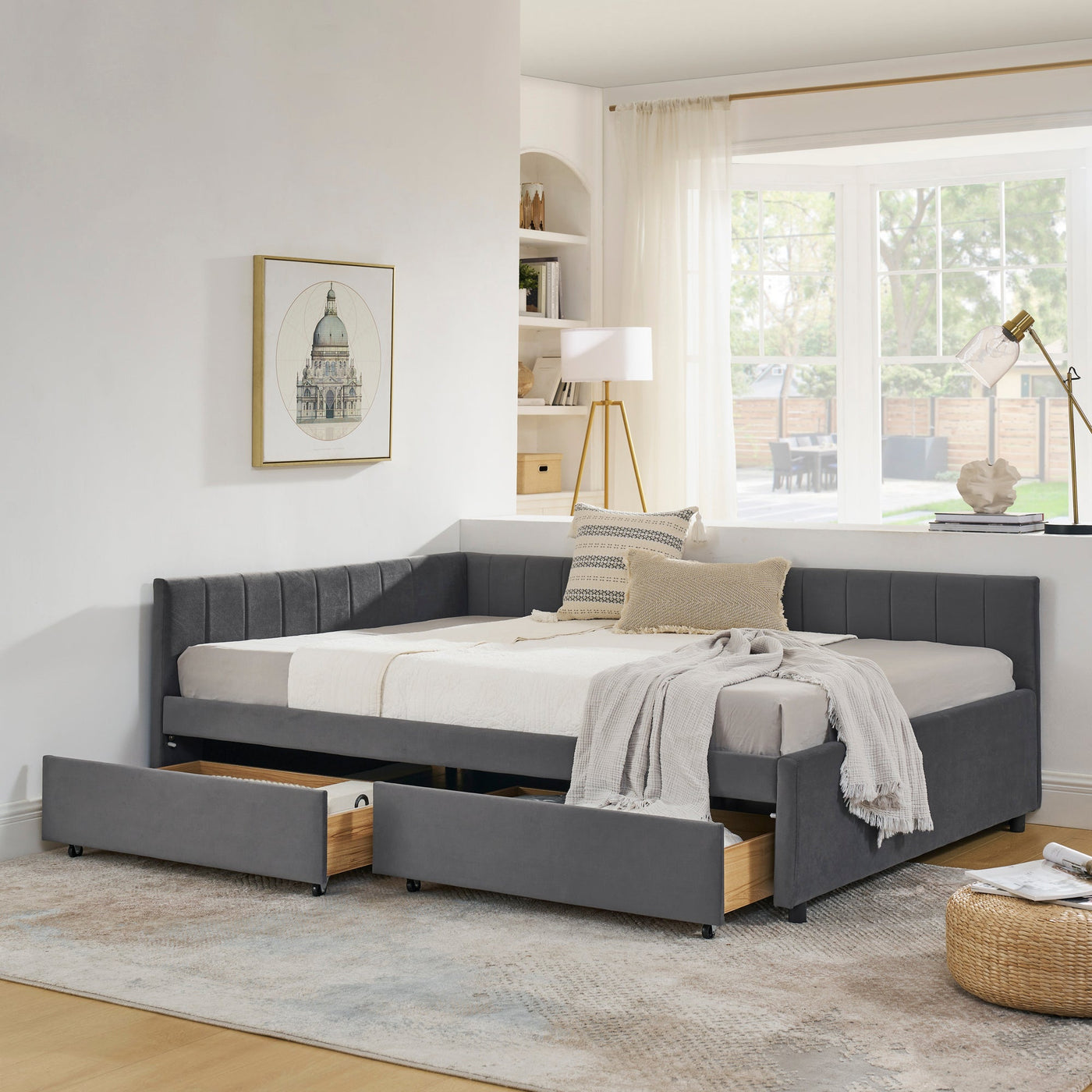 Full Size Upholstered Tufted Bed Frame with Two Drawers, Sofa Bed Frame with Comfortable Backrest and Armrests, Velvet, Grey(79.5''x58''x25'')