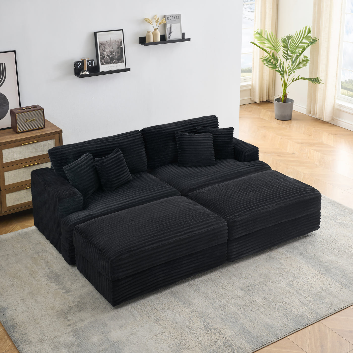 82 inches black corduroy sofa, two storage feet +4 throw pillows, create a living room, office fashion new darling!