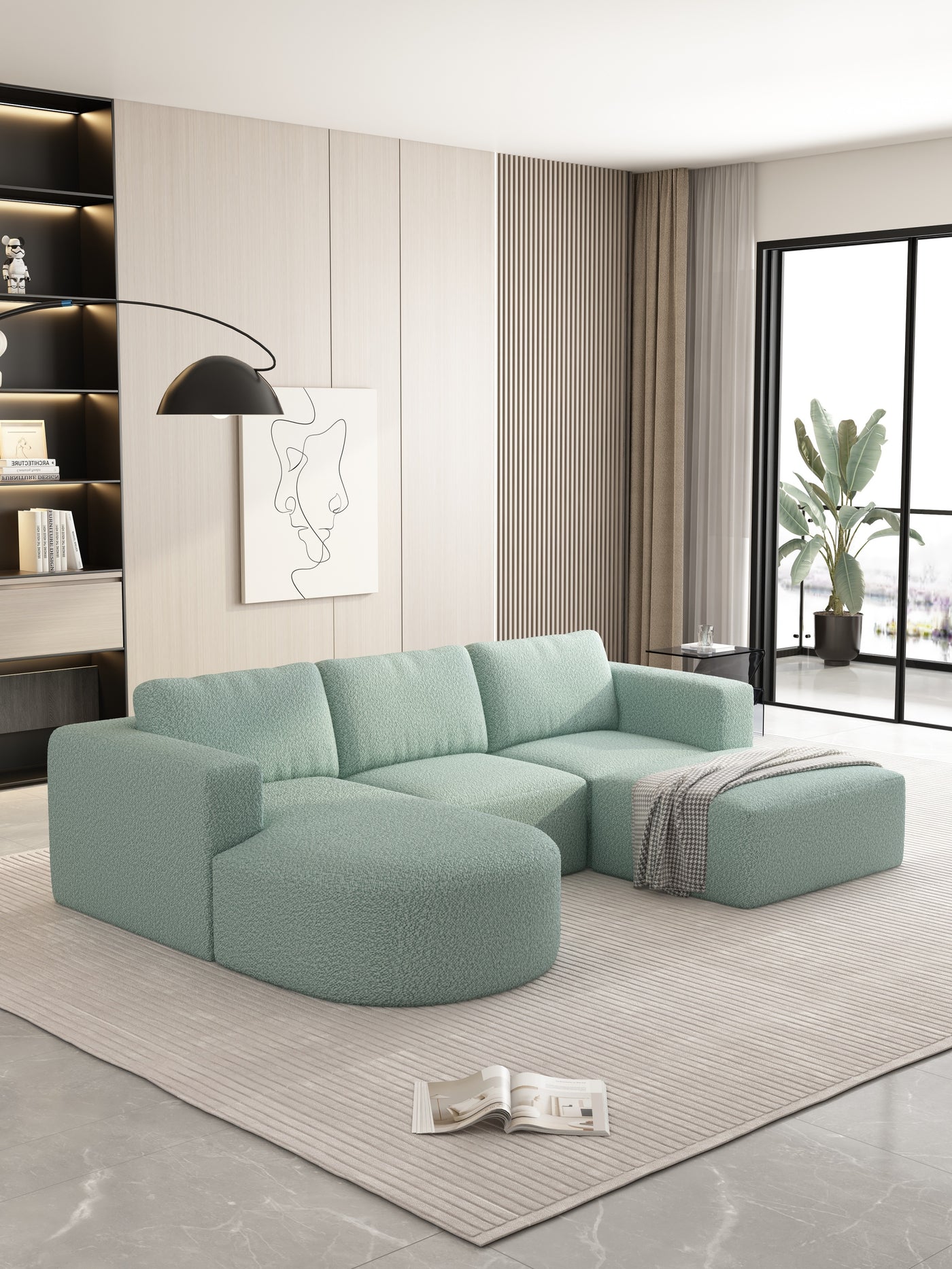 104.32*70.86 Modular Sectional Sofa Sleeper Couch, Sectional Sofa with Chaise and Ottoman, Convertible U Shaped Modular Sofa Set. Compressed spon, Light Green (Combo A+B+C+D)