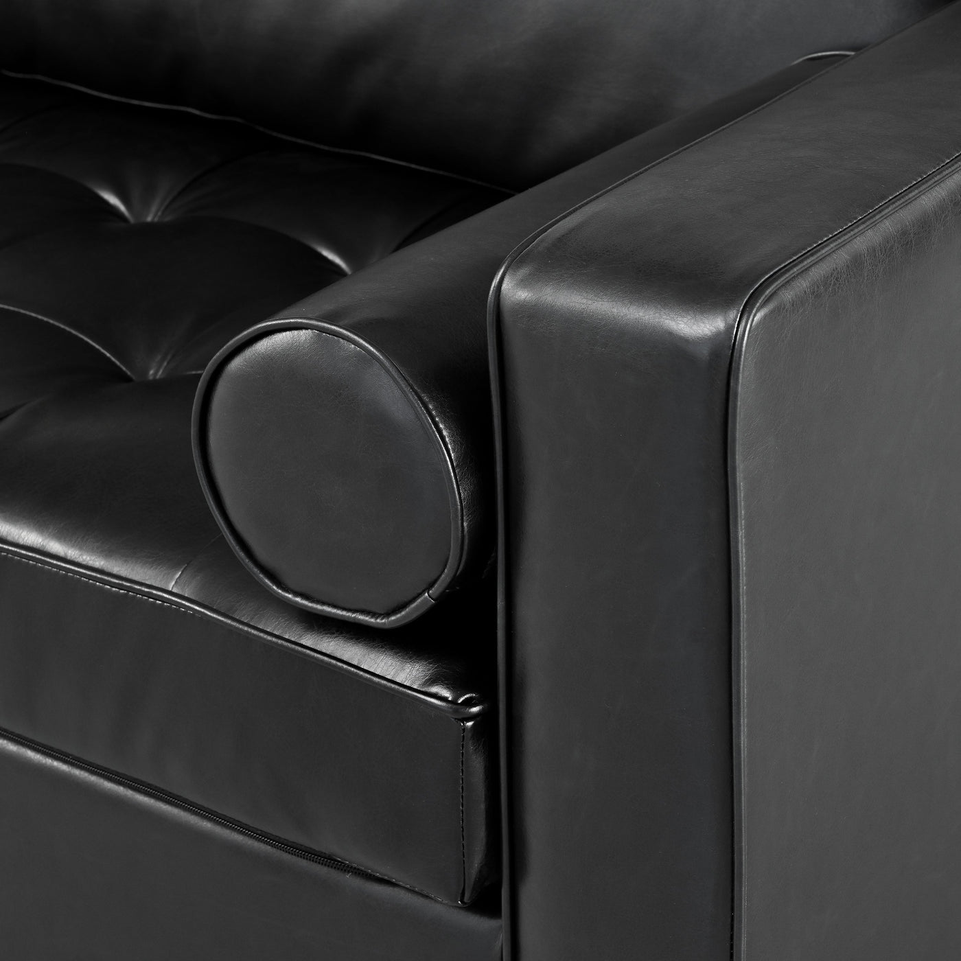 Mirod Mid-Century Modern PU Leather 3-Seat Sofa, Tufted Design, Solid Wood Legs, 2 Bolster Pillows, Comfortable Couch for Living Room & Home Office