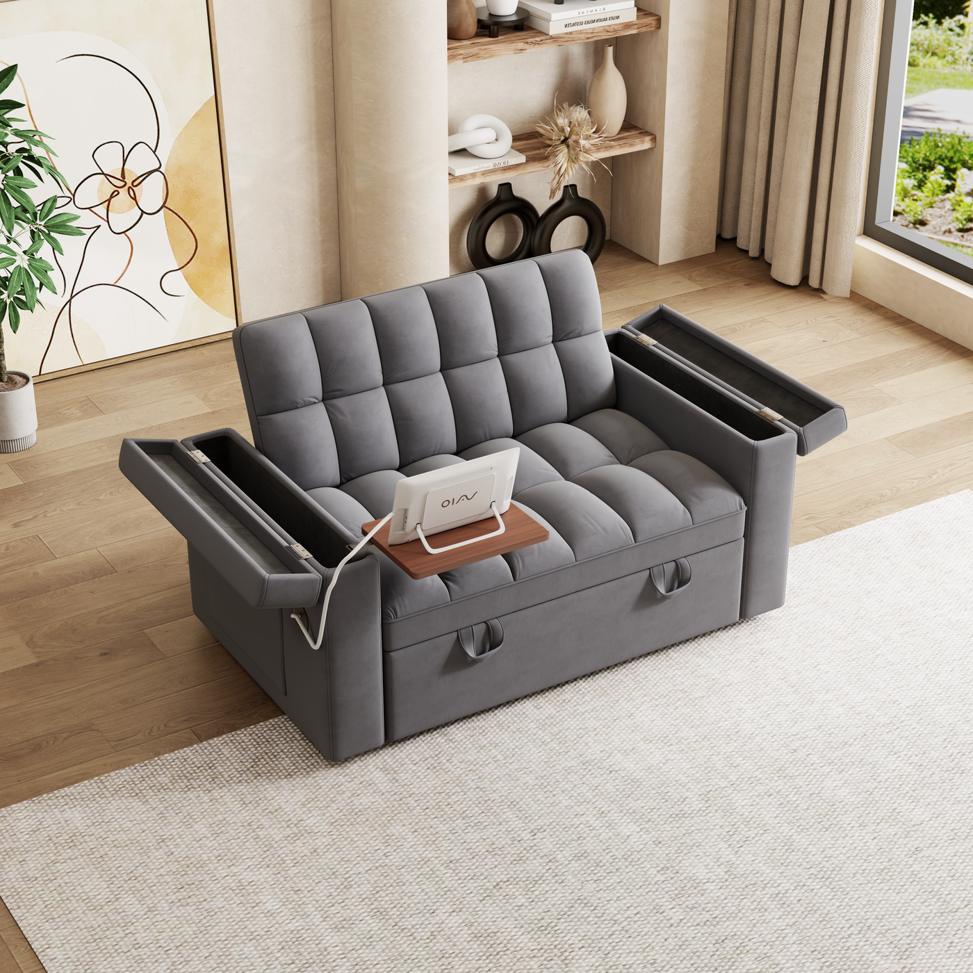 65-inch 3-in-1 foldable large-sized computer desk sofa bed, modern velvet double sofa, sofa bed with adjustable backrest, storage bag and pillow, hidden living room laptop desk, with USB port