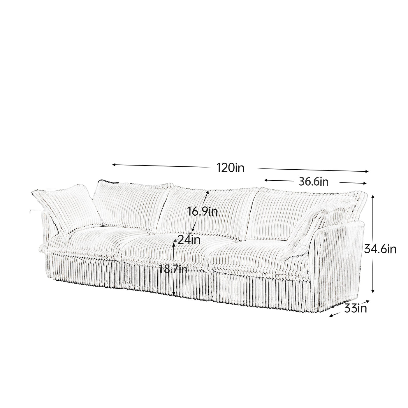 Slipcovered Sofa Couch, Modern 3 Seater Sofa with Suppleness Armrests,Deep Seat Sofa with Soft Multiple Big Pillows, Comfy Couch for Living Room, Apartment,Gray Corduroy Fabric
