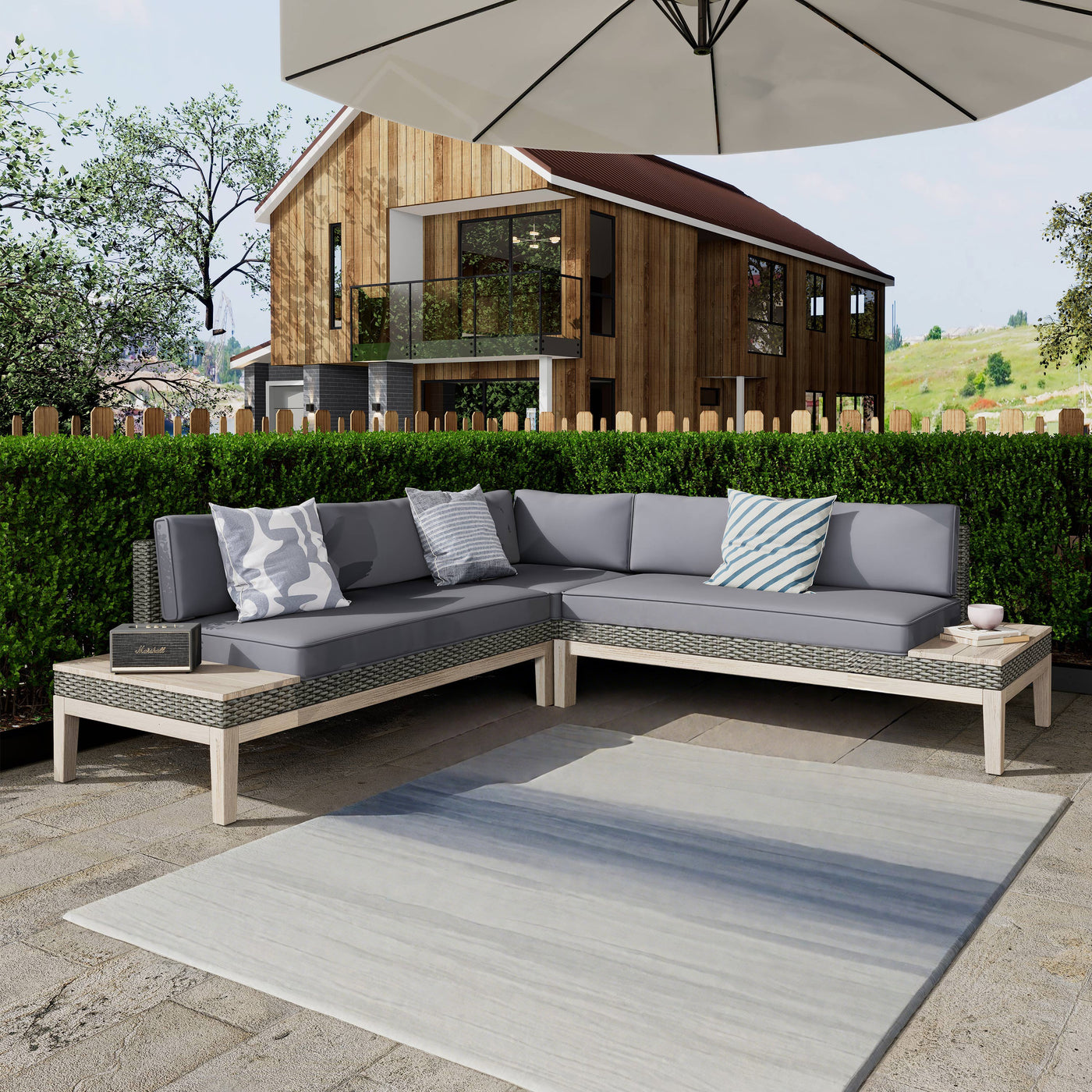 Outdoor Acacia Wood and Wicker 3 Piece Sectional Sofa Set