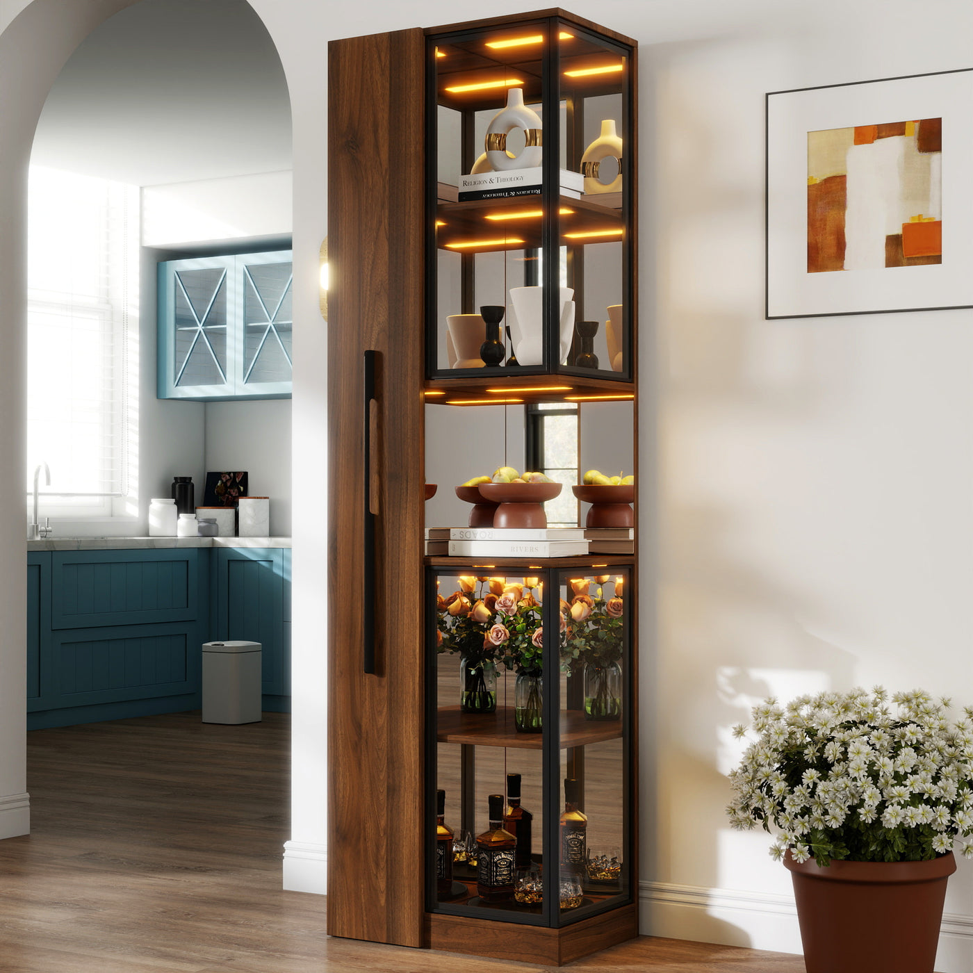 70' Display Cabinet with Glass Doors and Lights, with multi-functional pull-out multi-tier storage shelf , Wooden Display Storage Cabinets