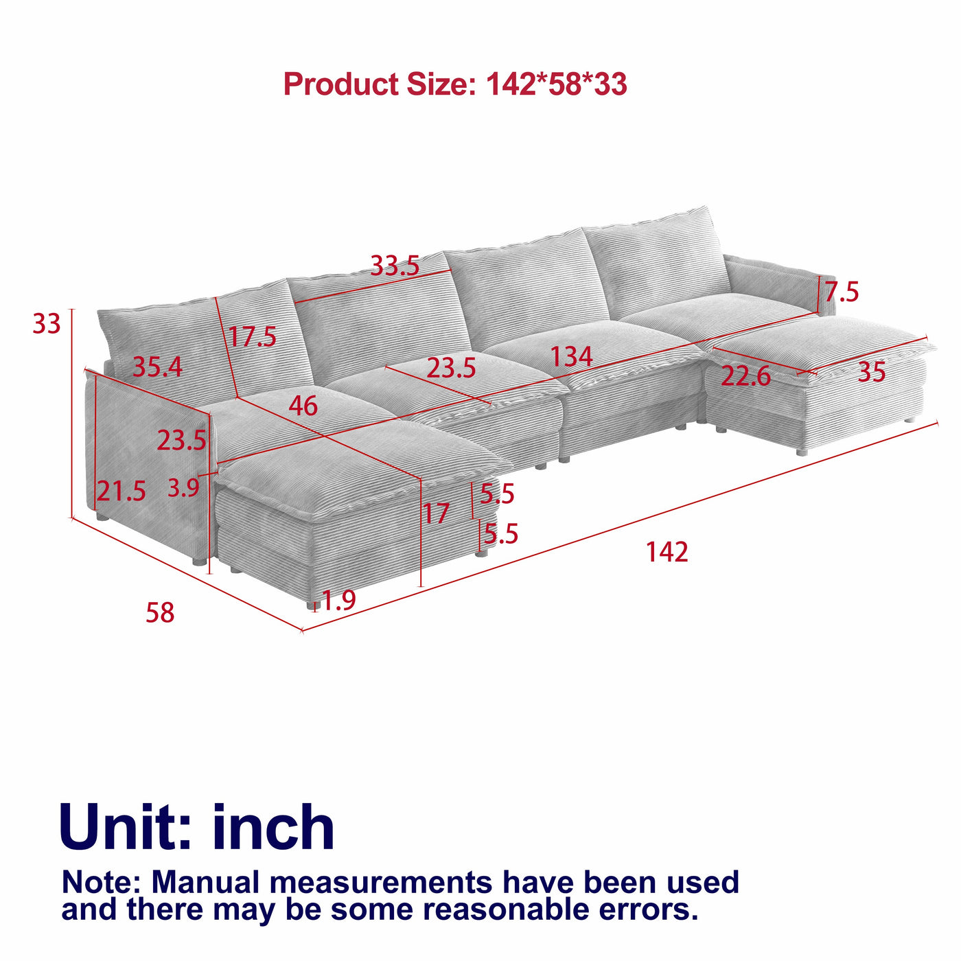 Corduroy Fabric 4-Seater Comfy Cloud Couch with 2 Movable Footrest for Living Room,Oversized Deep Seat U-Shaped Couch Set, Upholstered Large Size Deep Seat Sofa with 4 cushions