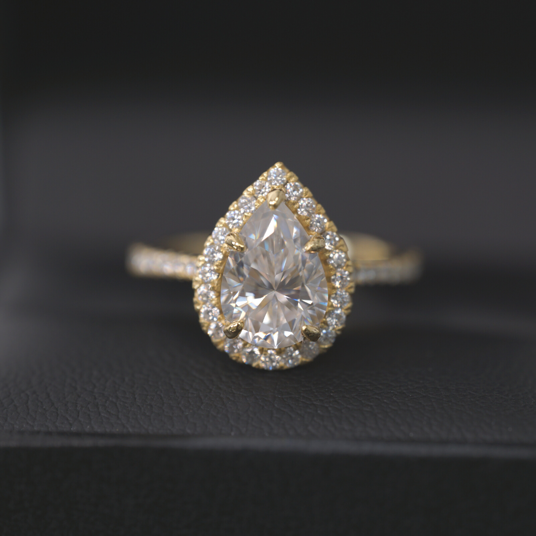 2.0ct Lab Ruby Pear Cut Moissanite Halo Engagement Ring