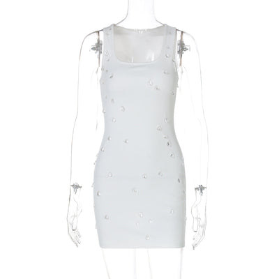Women Clothing Summer Personality Slim Fit Slimming Beaded Sleeveless Sheath Dress