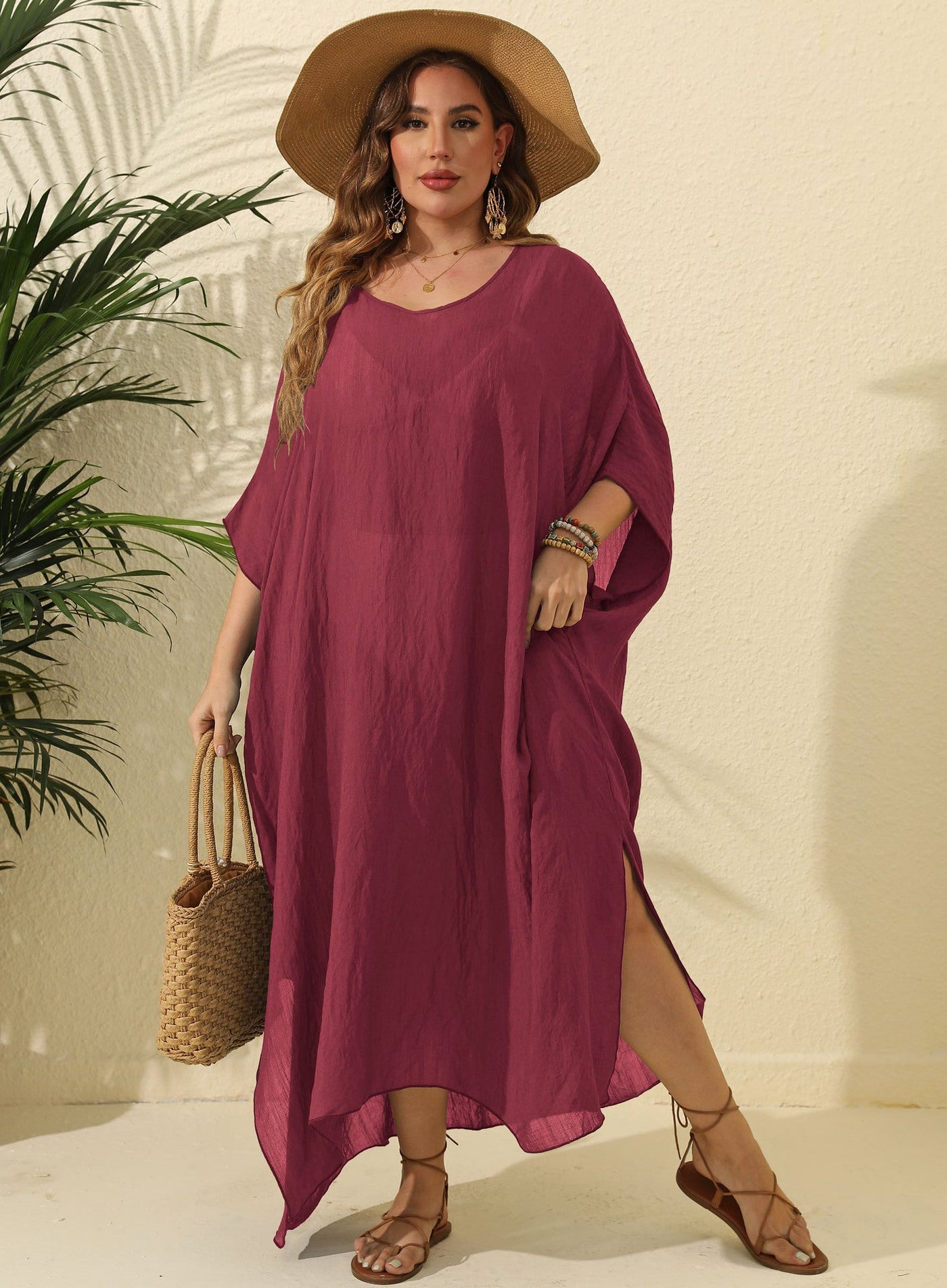 Women Clothes Solid Color Loose Blouse Beach Vacation Split Mop Dress