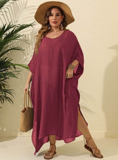 Women Clothes Solid Color Loose Blouse Beach Vacation Split Mop Dress