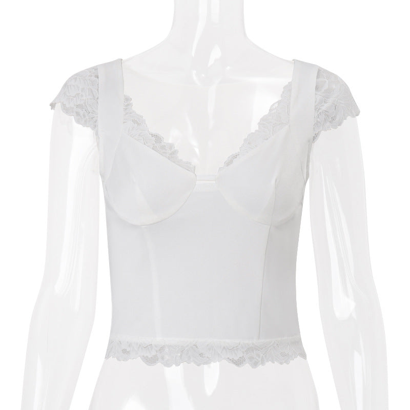 Women Clothing Summer Sexy Short Temperamental Lace Stitching Solid Color Cropped Top