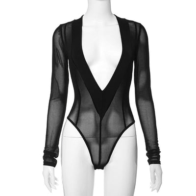 Women Clothing V neck Sexy Sheer Mesh Long Sleeve Jumpsuit