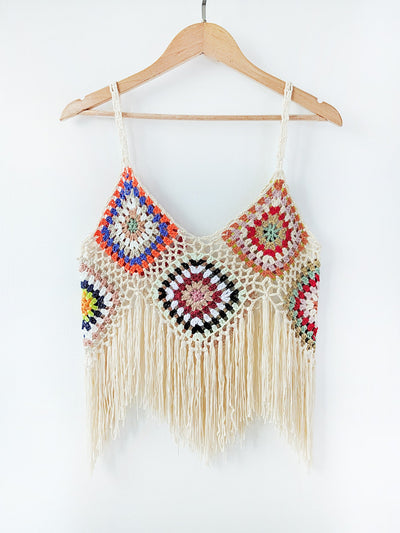 Women Clothing Women Top Pure Hand Crocheting Random Mixed Color Stitching Camisole Tassel Shirt Crochet