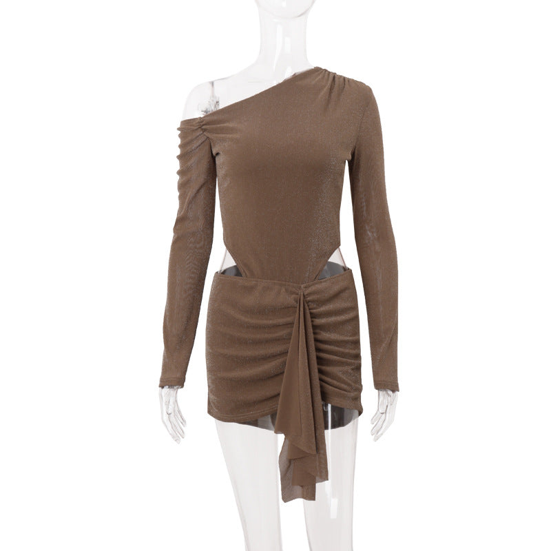 Women Clothing Autumn Sexy Diagonal Collar Solid Color Lace up Faux Two Piece Pleated Long Sleeve Narrow Dress