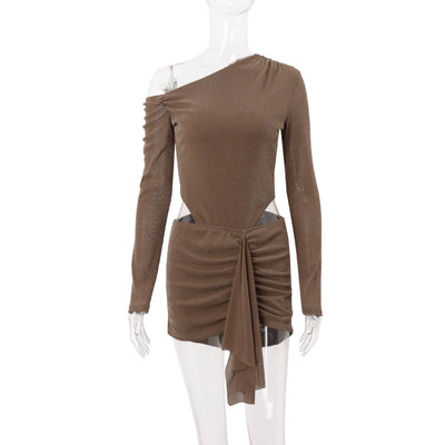 Women Clothing Autumn Sexy Diagonal Collar Solid Color Lace up Faux Two Piece Pleated Long Sleeve Narrow Dress