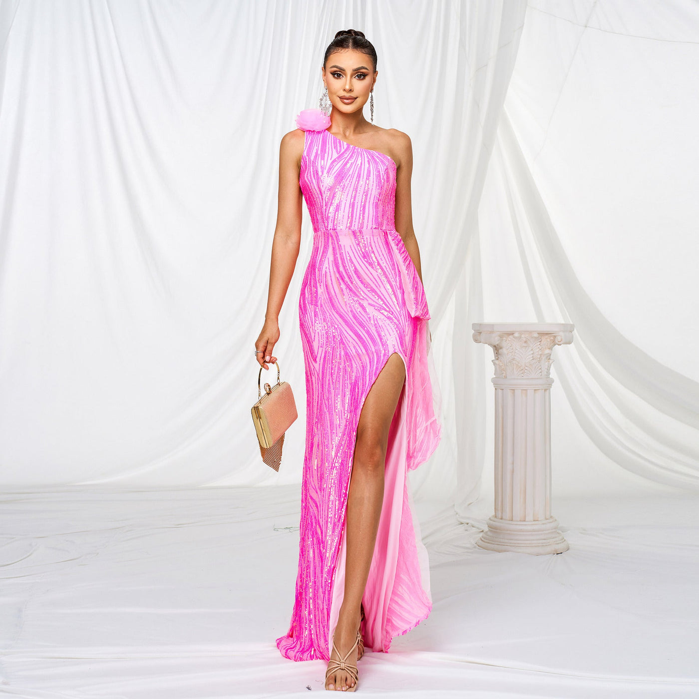 Women Clothing One Shoulder Diagonal Collar Slim Fit Sheath Sequined Split Cocktail Evening Dress