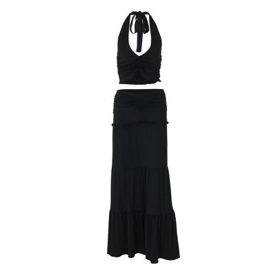 Women Clothing Summer Lace Halterneck Vest Pleated Skirt Two Piece Set for Women