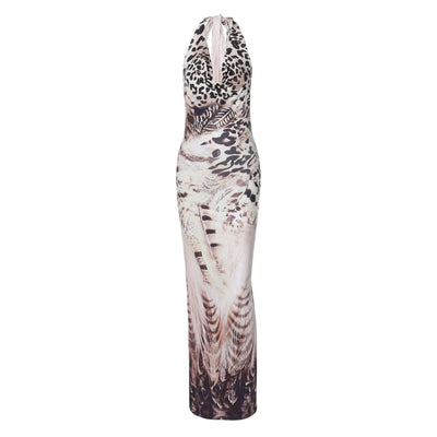 Women Clothing Autumn Printed Sexy Backless Slim Fit Lace up Dress