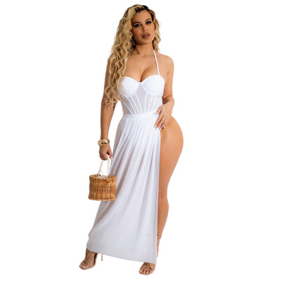 Women Clothing Summer Vacation Spaghetti Straps Cluster Swimsuit Chiffon Women Two Piece Overskirt Suit