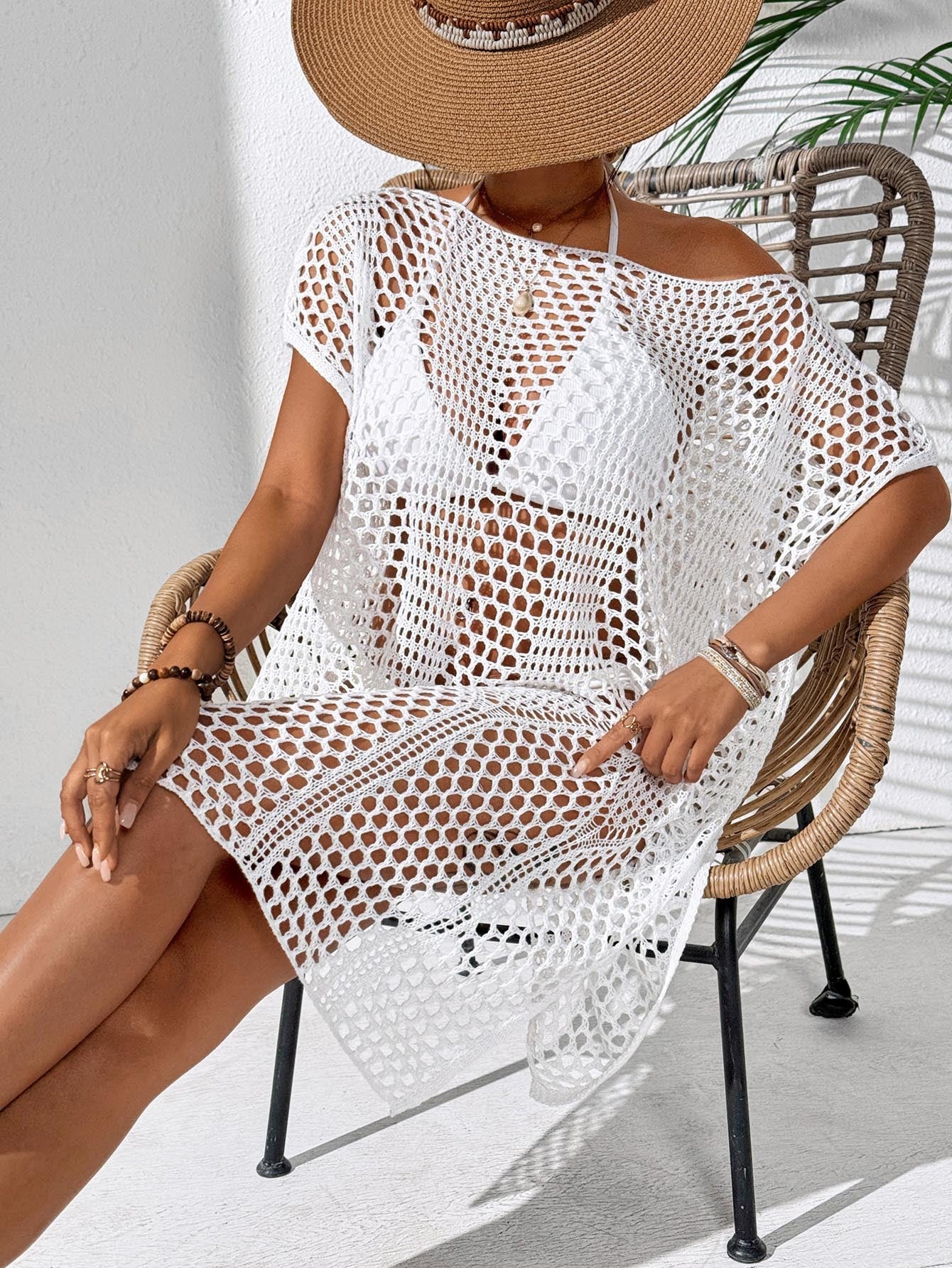 Women Holiday Blouse Women Sexy Woven Hollow Out Cutout out off Shoulder Bikini Overclothes Beach Dress