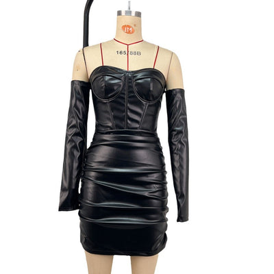 Tube Top Package Hip Dress Spring Summer Sexy off Shoulder Pleated Leather Boning Corset Waist Controlled