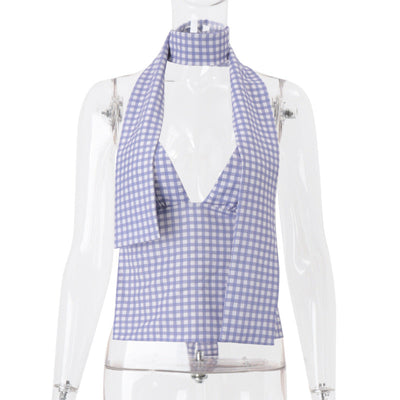 Women Clothing Summer Sexy Plaid Ribbon Slim All Matching Tank Top for Women
