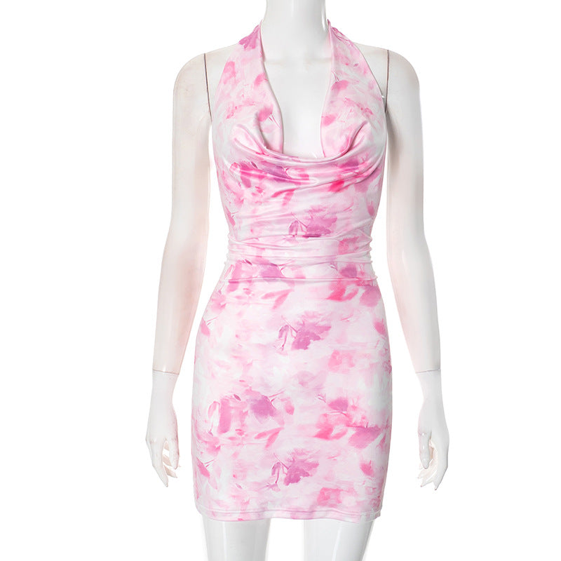 Women Clothing Tie Dyed Printed Halter Backless Sexy Sexy Hip Dresses