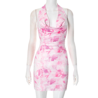 Women Clothing Tie Dyed Printed Halter Backless Sexy Sexy Hip Dresses