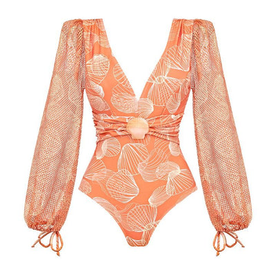 V neck Shell Decorative Mesh Long Sleeve One Piece Swimsuit Women