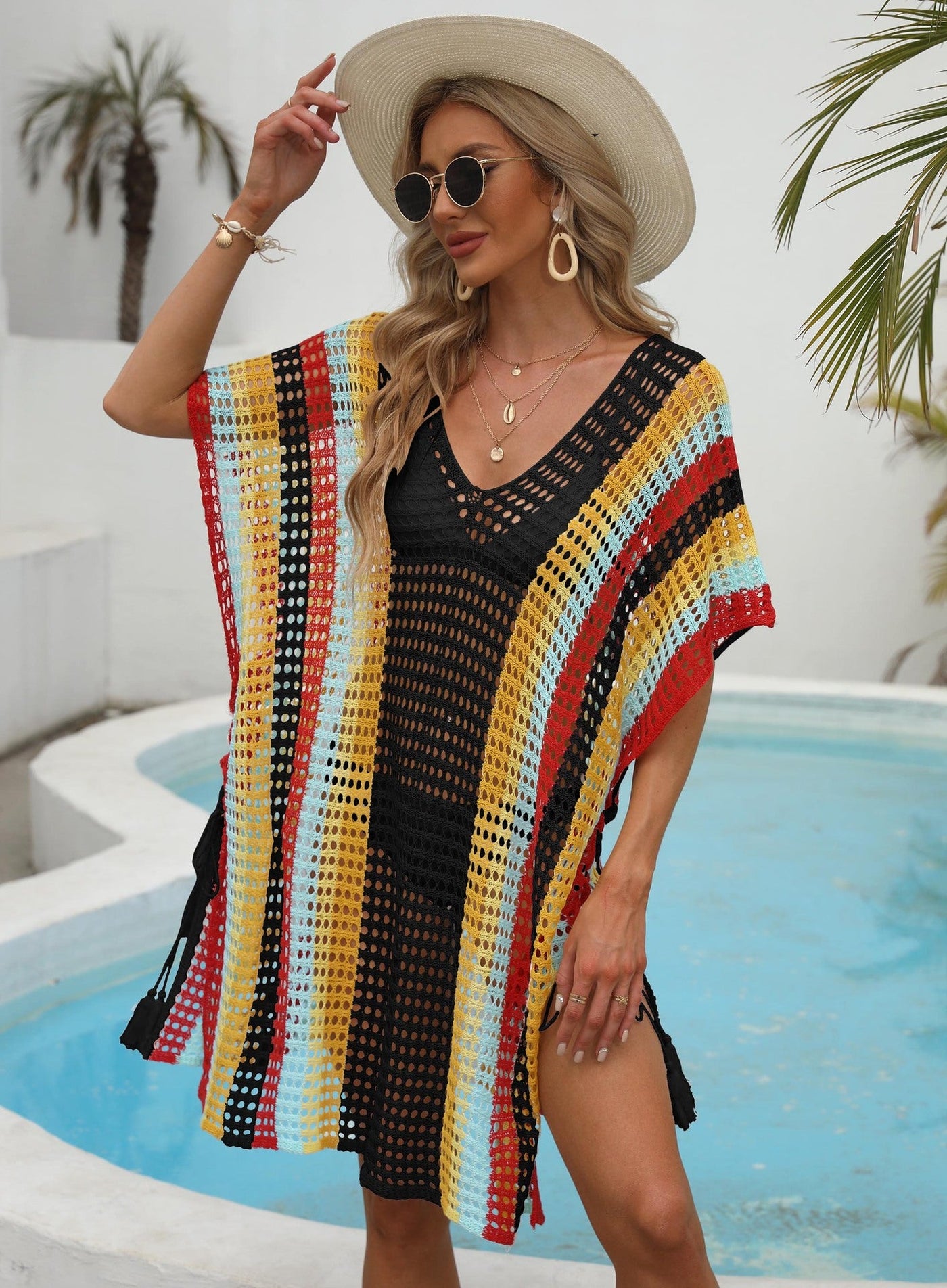 Women Clothing Color Contrast Patchwork Woven Hollow Out Cutout Beach Vacation Beach Cover Up Lace Up Dress