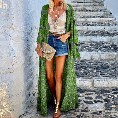 Women Clothing Printed Loose Long Sleeves Mid-Length Beach Bohemian Cardigan